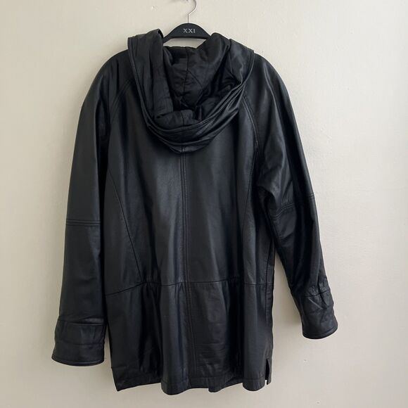 CLIMATE ZONE Vintage Hooded Black Leather Long Jacket Minimalist Streetwear- Med - Picture 7 of 9